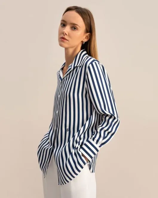 Classic Womenx27s Amalfi Blue White Stripe Silk Shirt Women Lilysilk Essentials