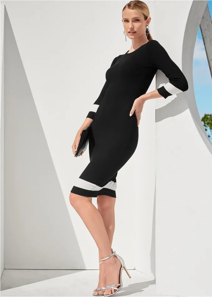COLOR BLOCK SWEATER DRESS Black Multi Women VENUS Midi Dresses