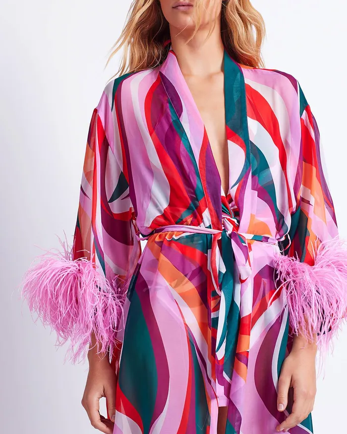 CoverUps Women PatBO DELOS FEATHER TRIM KIMONO