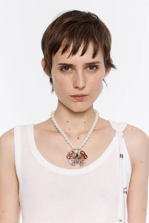 Crystal Butterfly Pearl Necklace Pink Women Bimba Y Lola Necklaces Crystal Butterfly Pearl Necklace Pink Women Bimba Y Lola Necklaces