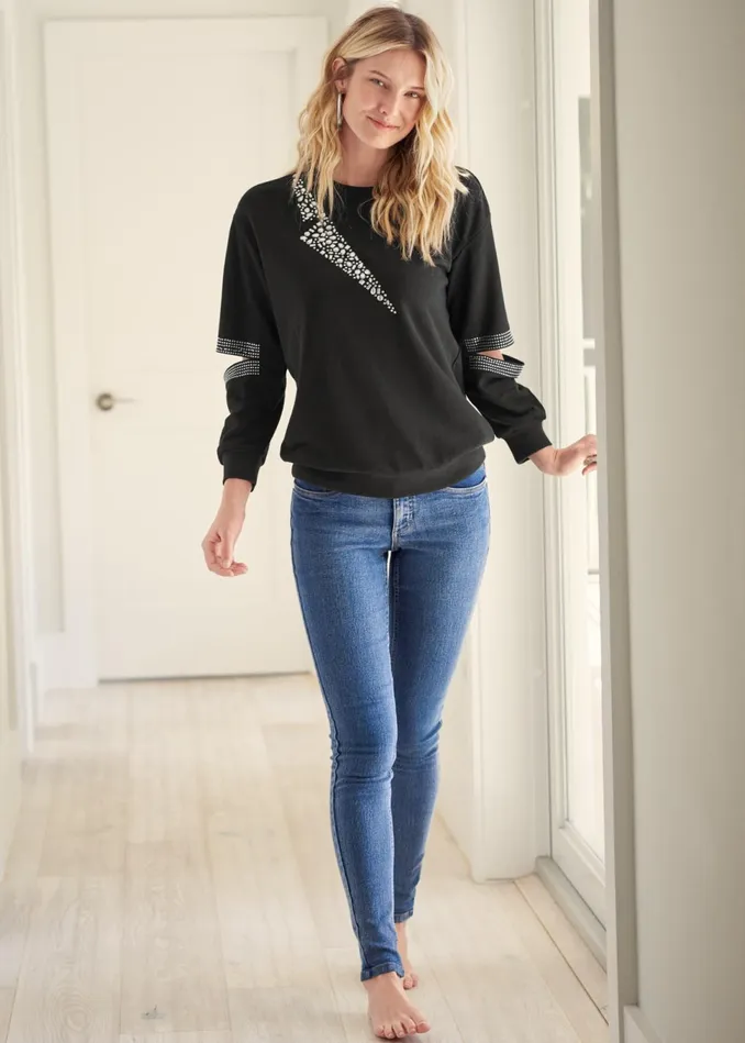 Cutout Sparkle Sweatshirt Black Women VENUS Sweatshirts and Hoodies