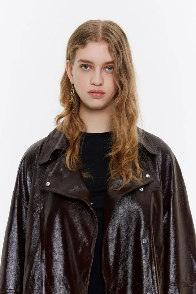 Dark Brown Satin Finish Leather Jacket Dark Brown Women Bimba Y Lola Leather Dark Brown Satin Finish Leather Jacket Dark Brown Women Bimba Y Lola Leather