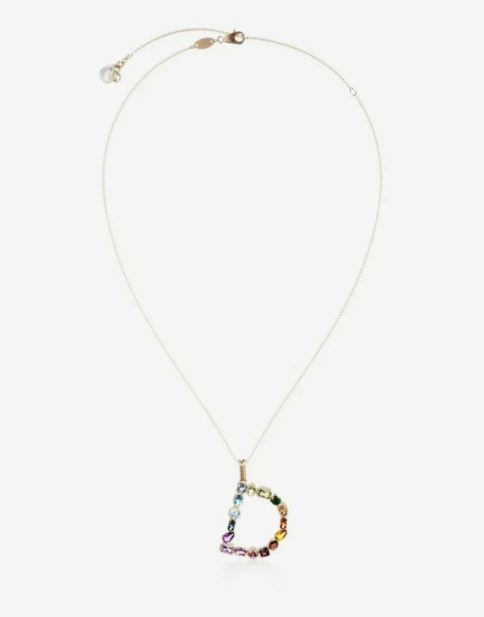 Dolce and Gabbana Alphabet Collection Women Rainbow Alphabet D Pendant In Yellow Gold With Multicolor Fine Gems Gold