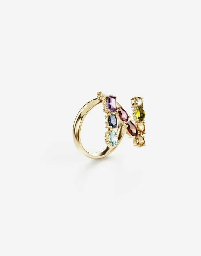 Dolce and Gabbana Alphabet Collection Women Rainbow Alphabet N Ring In Yellow Gold With Multicolor Fine Gems Gold