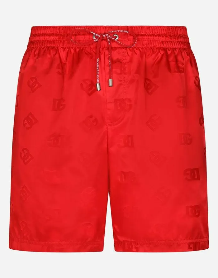 Dolce and Gabbana Beachwear Men Midlength Jacquard Swim Trunks With DG Monogram Bordeaux
