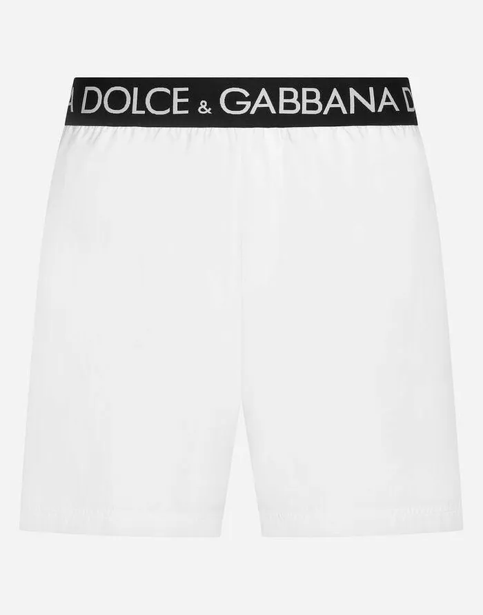 Dolce and Gabbana Beachwear Men Midlength Swim Trunks With Branded Stretch Waistband White Dolce and Gabbana Beachwear Men Midlength Swim Trunks With Branded Stretch Waistband White