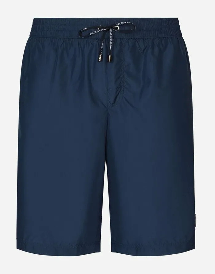 Dolce and Gabbana Beachwear Men Midlength Swim Trunks With Logo Tag Blue