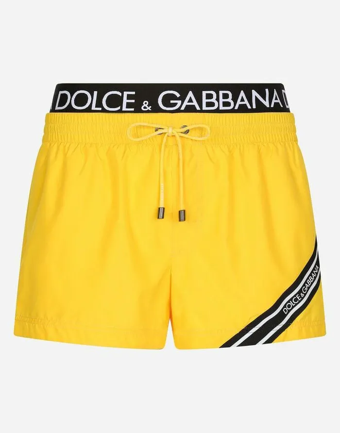 Dolce and Gabbana Beachwear Men Short Swim Trunks With Branded Band Yellow