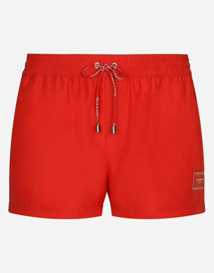 Dolce and Gabbana Beachwear Men Short Swim Trunks With Branded Plate Red