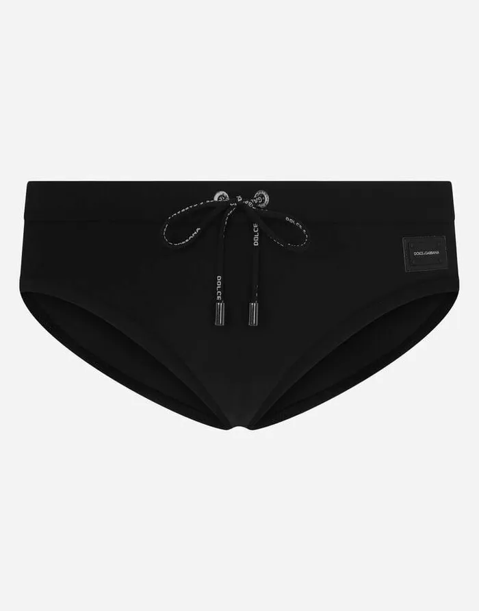 Dolce and Gabbana Beachwear Men Swim Briefs With Highcut Leg And Branded Metal Plate Black Dolce and Gabbana Beachwear Men Swim Briefs With Highcut Leg And Branded Metal Plate Black