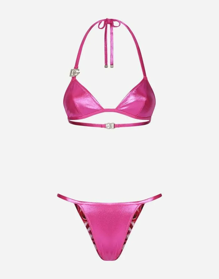 Dolce and Gabbana Beachwear Women Laminated Triangle Bikini Top With DG Logo Pink Dolce and Gabbana Beachwear Women Laminated Triangle Bikini Top With DG Logo Pink