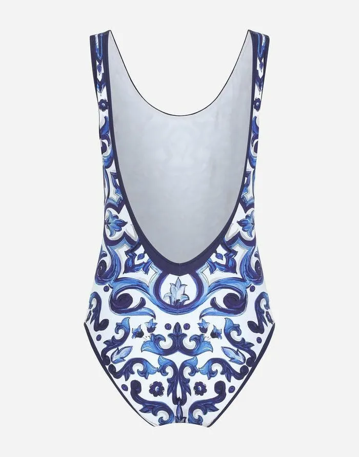 Dolce and Gabbana Beachwear Women Majolicaprint Racing Swimsuit Multicolor Dolce and Gabbana Beachwear Women Majolicaprint Racing Swimsuit Multicolor