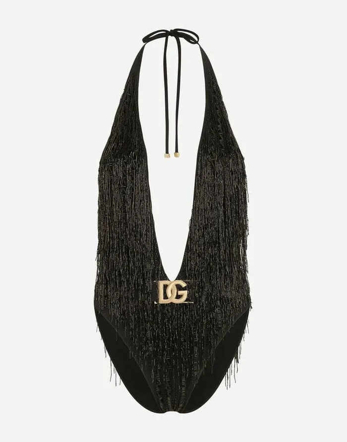 Dolce and Gabbana Beachwear Women Onepiece Swimsuit With Bead Fringing Black
