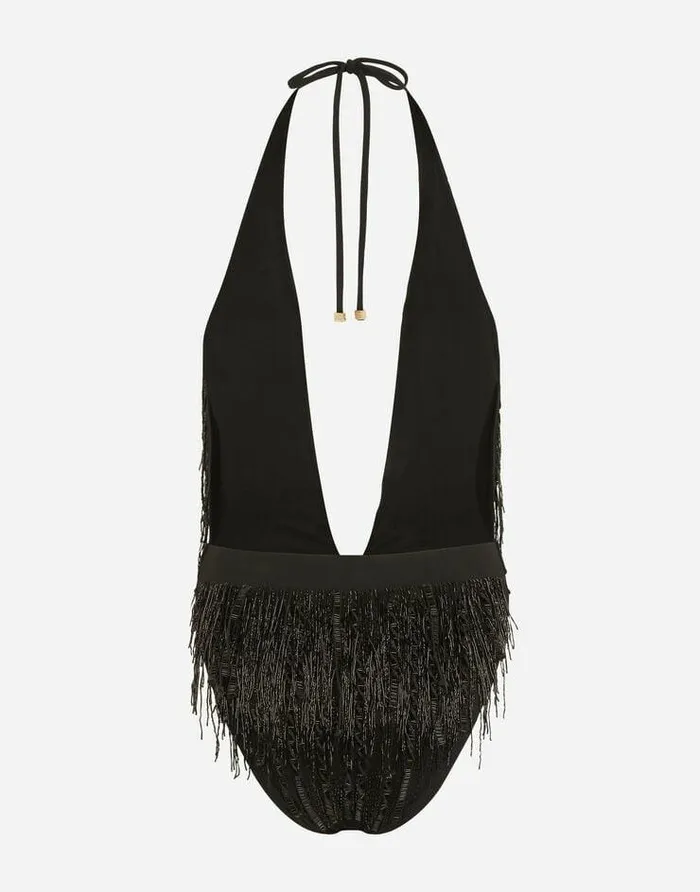 Dolce and Gabbana Beachwear Women Onepiece Swimsuit With Bead Fringing Black Dolce and Gabbana Beachwear Women Onepiece Swimsuit With Bead Fringing Black