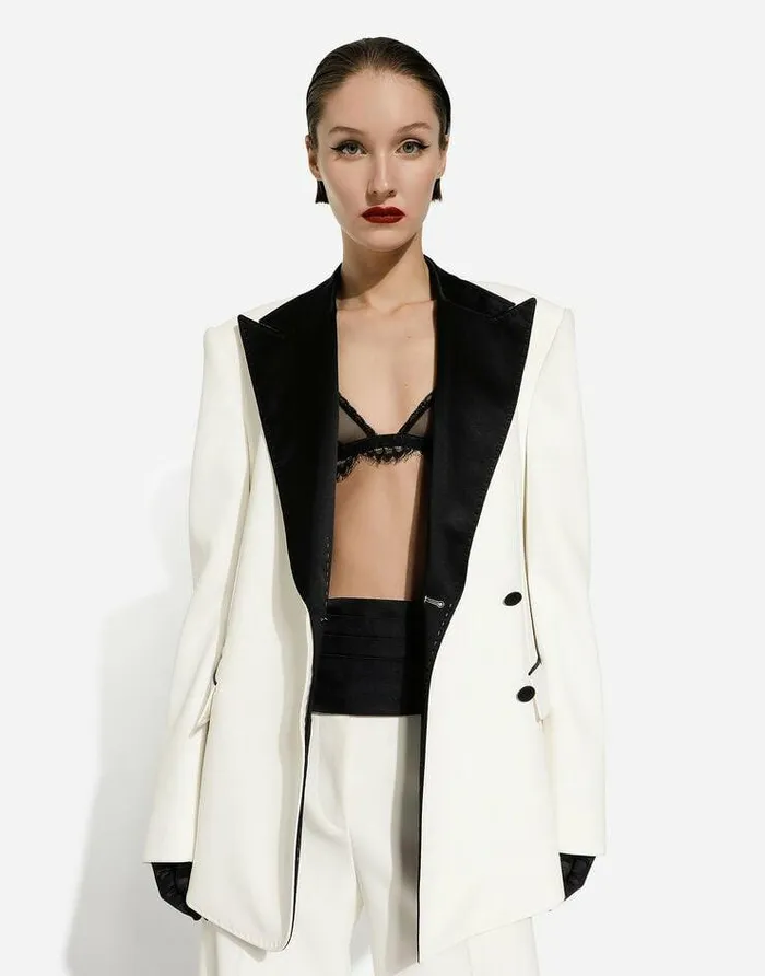 Dolce and Gabbana Blazers Women Doublebreasted Wool Crepe Jacket With Tuxedo Lapels White Dolce and Gabbana Blazers Women Doublebreasted Wool Crepe Jacket With Tuxedo Lapels White