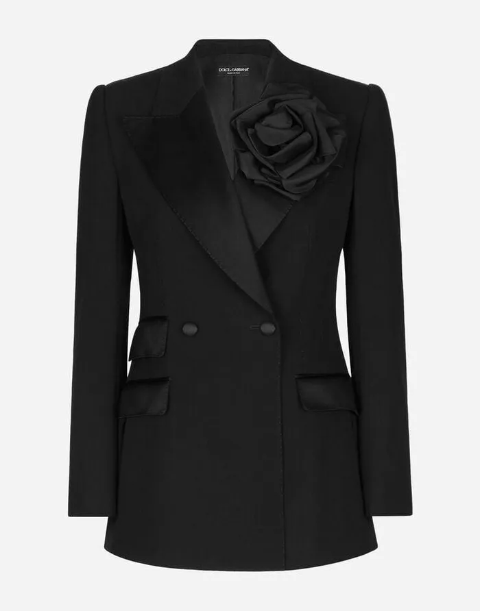 Dolce and Gabbana Blazers Women Doublebreasted Woolen Jacket With Flower Appliqu Black Dolce and Gabbana Blazers Women Doublebreasted Woolen Jacket With Flower Appliqu Black