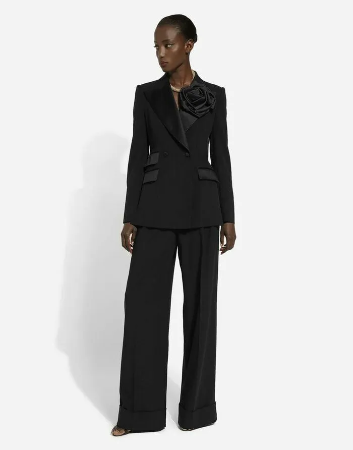 Dolce and Gabbana Blazers Women Doublebreasted Woolen Jacket With Flower Appliqu Black Dolce and Gabbana Blazers Women Doublebreasted Woolen Jacket With Flower Appliqu Black