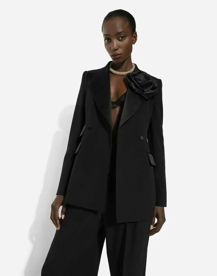 Dolce and Gabbana Blazers Women Doublebreasted Woolen Jacket With Flower Appliqu Black Dolce and Gabbana Blazers Women Doublebreasted Woolen Jacket With Flower Appliqu Black