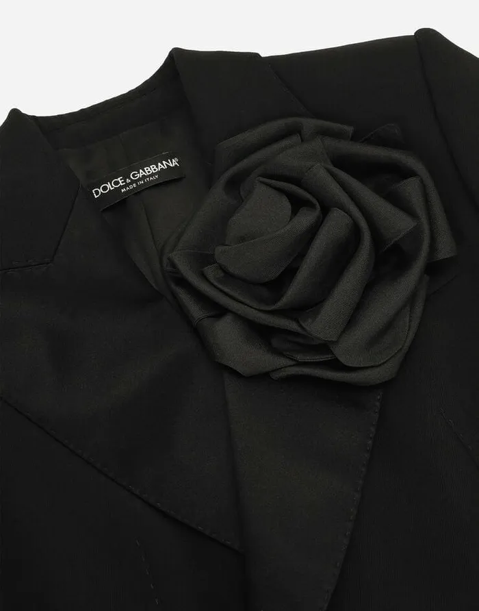 Dolce and Gabbana Blazers Women Doublebreasted Woolen Jacket With Flower Appliqu Black Dolce and Gabbana Blazers Women Doublebreasted Woolen Jacket With Flower Appliqu Black