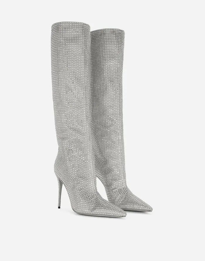Dolce and Gabbana Boots And Booties Women KIM DOLCEandGABBANA Satin Boots With Fusible Rhinestones Grey