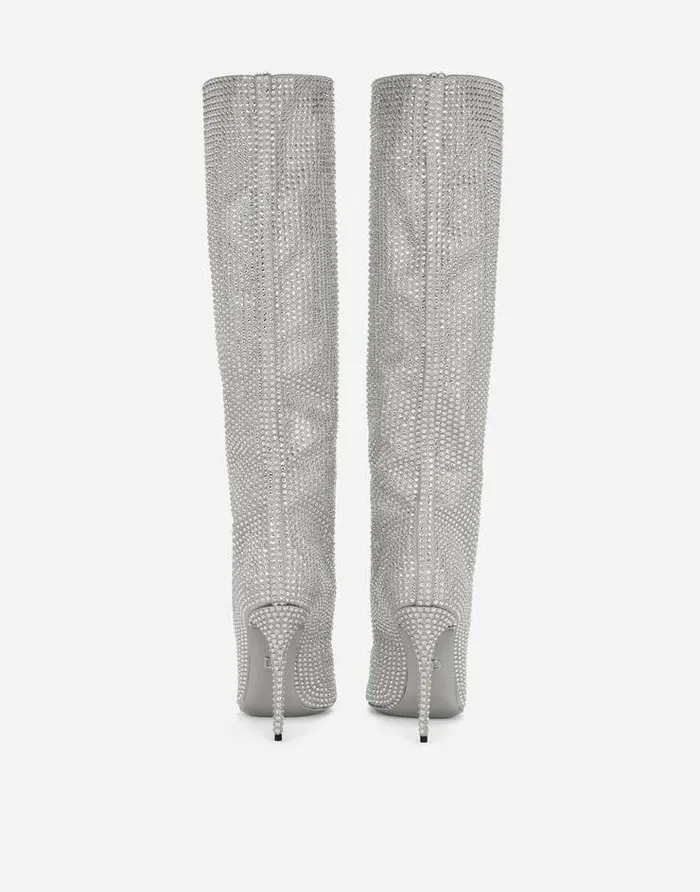 Dolce and Gabbana Boots And Booties Women KIM DOLCEandGABBANA Satin Boots With Fusible Rhinestones Grey