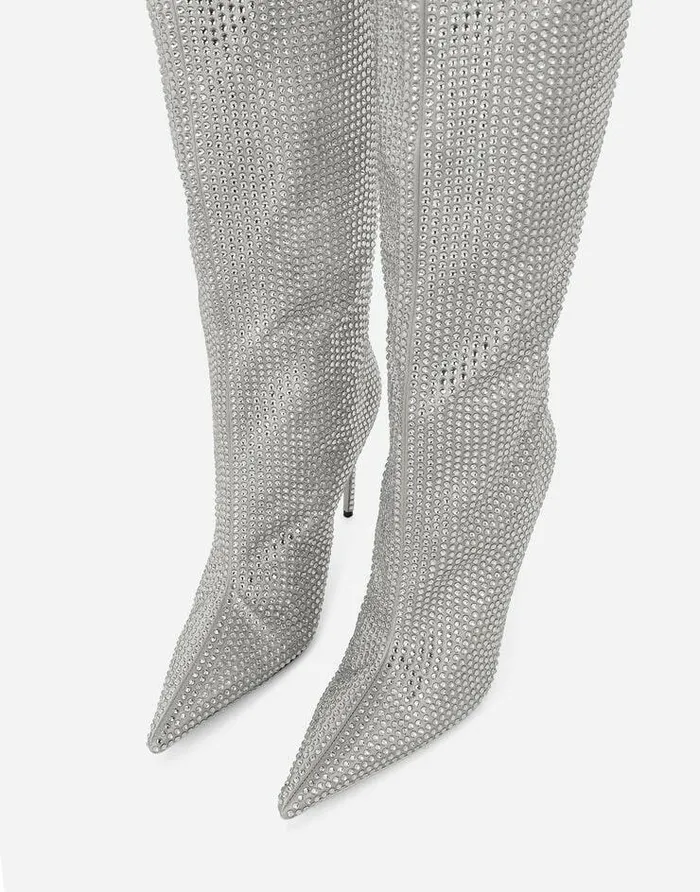 Dolce and Gabbana Boots And Booties Women KIM DOLCEandGABBANA Satin Boots With Fusible Rhinestones Grey