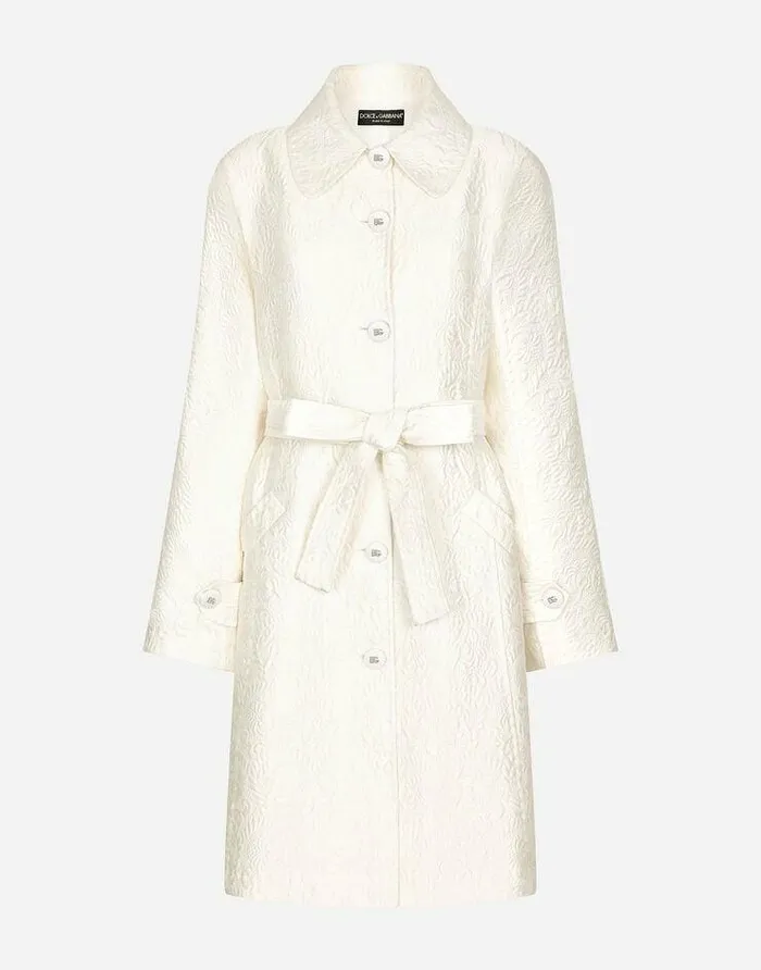 Dolce and Gabbana Coats And Jackets Women Belted Floral Jacquard Coat White