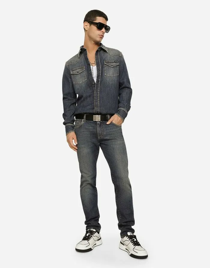 Dolce and Gabbana Denim Men Light Blue Wash Slimfit Stretch Jeans Multicolor