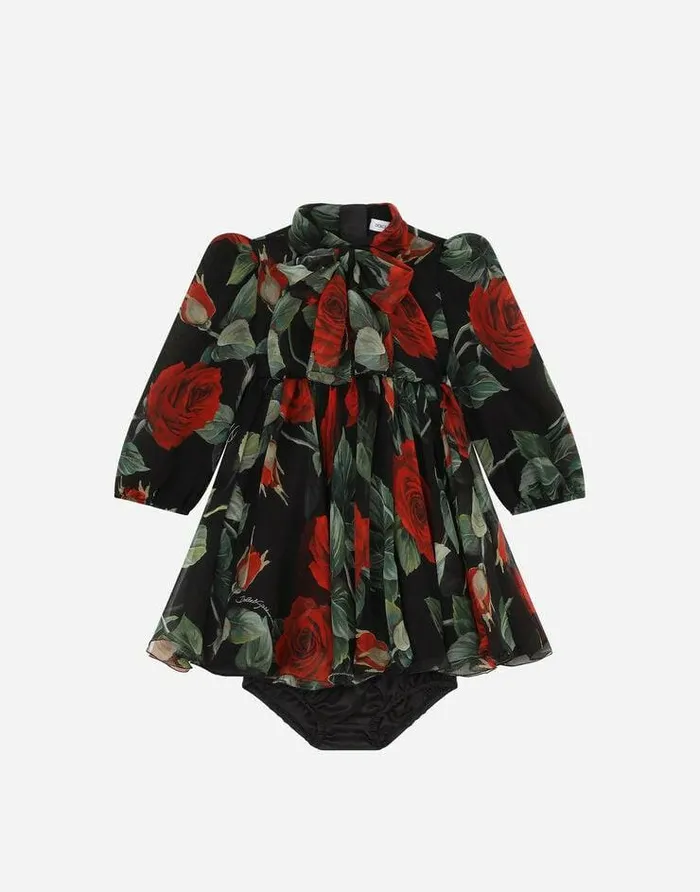 Dolce and Gabbana Dresses Children Long Roseprint Chiffon Dress Multicolor