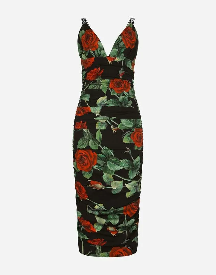 Dolce and Gabbana Dresses Women Charmeuse Midi Dress With Red Rose Print Multicolor Dolce and Gabbana Dresses Women Charmeuse Midi Dress With Red Rose Print Multicolor