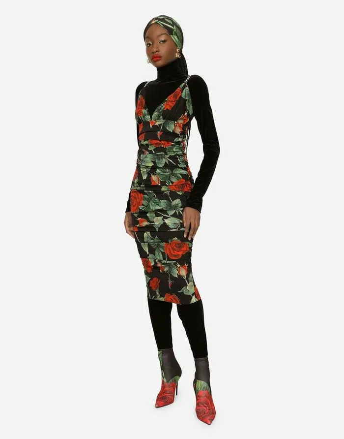 Dolce and Gabbana Dresses Women Charmeuse Midi Dress With Red Rose Print Multicolor Dolce and Gabbana Dresses Women Charmeuse Midi Dress With Red Rose Print Multicolor