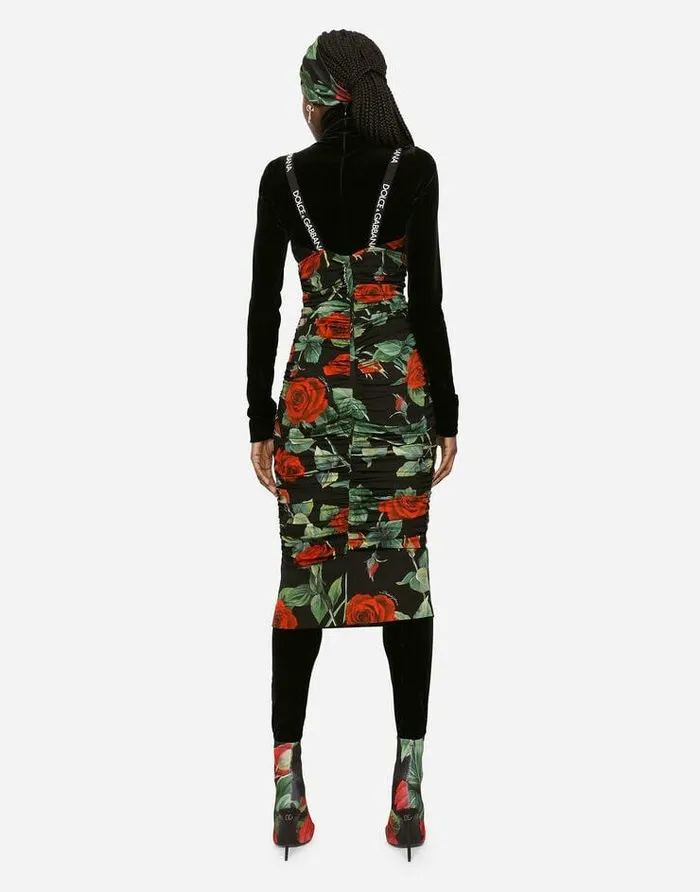 Dolce and Gabbana Dresses Women Charmeuse Midi Dress With Red Rose Print Multicolor Dolce and Gabbana Dresses Women Charmeuse Midi Dress With Red Rose Print Multicolor