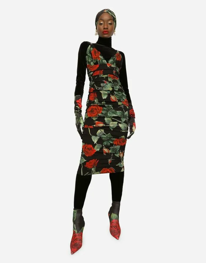 Dolce and Gabbana Dresses Women Charmeuse Midi Dress With Red Rose Print Multicolor Dolce and Gabbana Dresses Women Charmeuse Midi Dress With Red Rose Print Multicolor