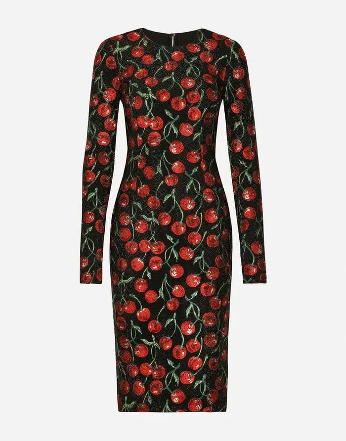 Dolce and Gabbana Dresses Women Cherryprint Jersey Midi Dress With Fusible Rhinestones Multicolor Dolce and Gabbana Dresses Women Cherryprint Jersey Midi Dress With Fusible Rhinestones Multicolor