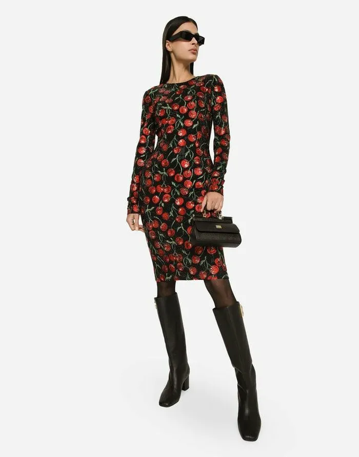 Dolce and Gabbana Dresses Women Cherryprint Jersey Midi Dress With Fusible Rhinestones Multicolor