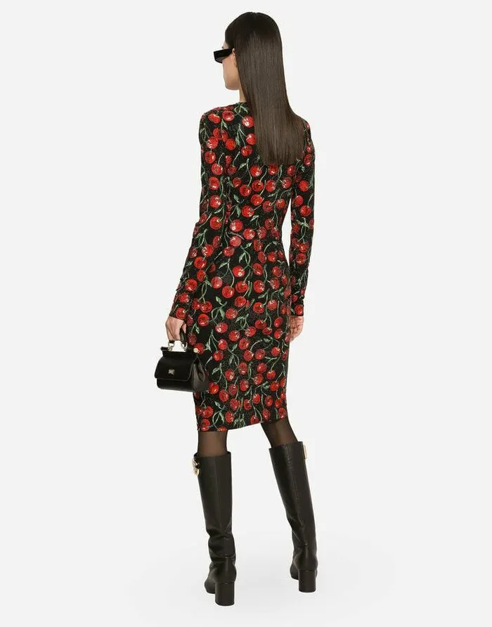 Dolce and Gabbana Dresses Women Cherryprint Jersey Midi Dress With Fusible Rhinestones Multicolor