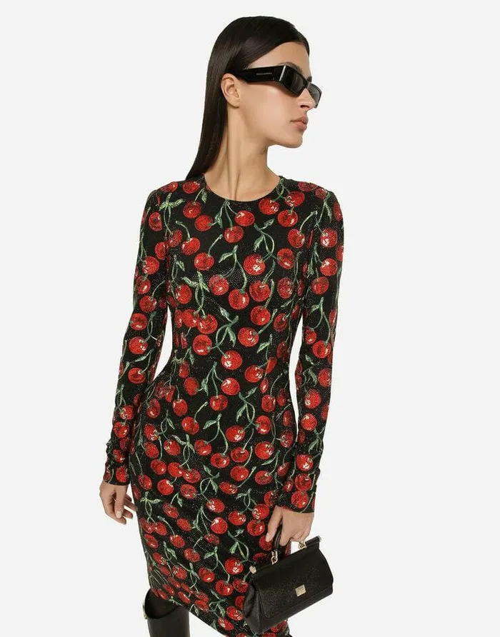 Dolce and Gabbana Dresses Women Cherryprint Jersey Midi Dress With Fusible Rhinestones Multicolor