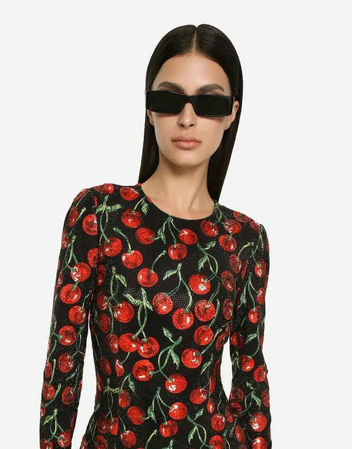 Dolce and Gabbana Dresses Women Cherryprint Jersey Midi Dress With Fusible Rhinestones Multicolor