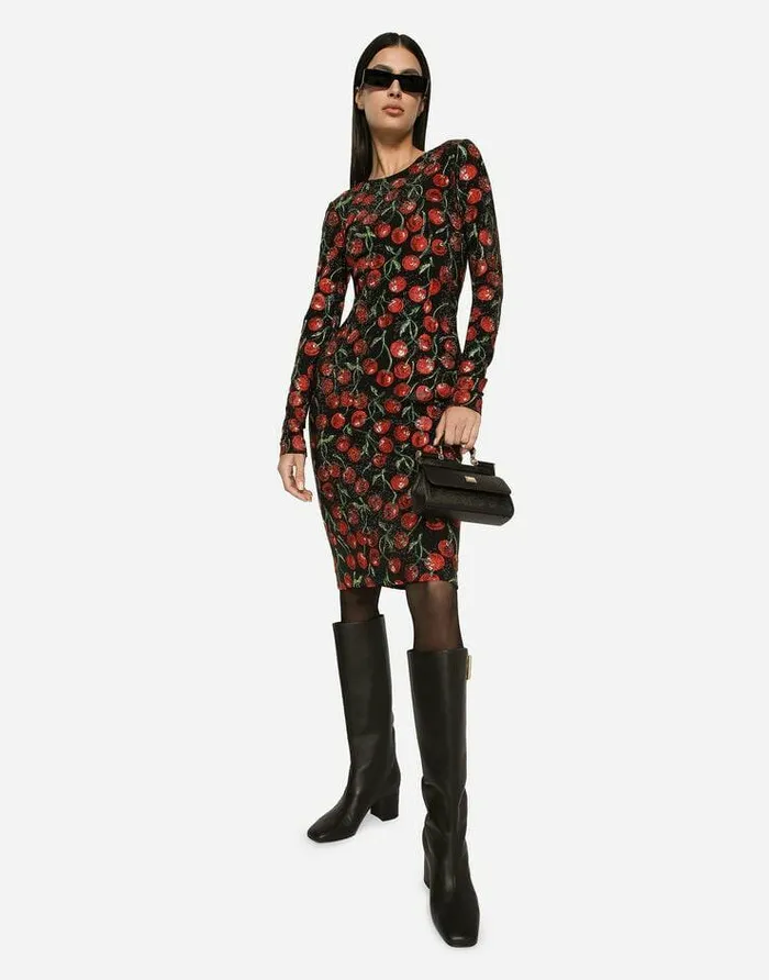 Dolce and Gabbana Dresses Women Cherryprint Jersey Midi Dress With Fusible Rhinestones Multicolor