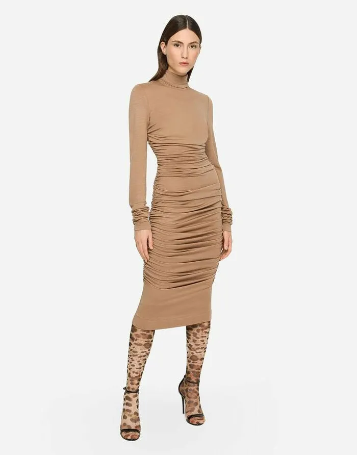 Dolce and Gabbana Dresses Women Highnecked Jersey Wool Calflength Dress Beige Dolce and Gabbana Dresses Women Highnecked Jersey Wool Calflength Dress Beige