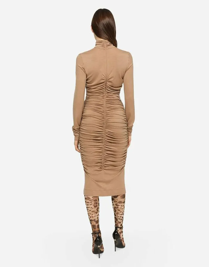 Dolce and Gabbana Dresses Women Highnecked Jersey Wool Calflength Dress Beige Dolce and Gabbana Dresses Women Highnecked Jersey Wool Calflength Dress Beige