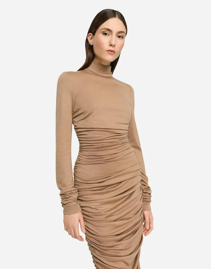 Dolce and Gabbana Dresses Women Highnecked Jersey Wool Calflength Dress Beige Dolce and Gabbana Dresses Women Highnecked Jersey Wool Calflength Dress Beige