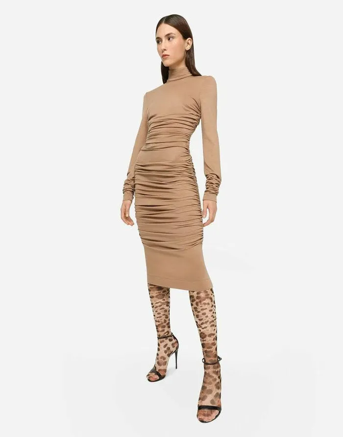 Dolce and Gabbana Dresses Women Highnecked Jersey Wool Calflength Dress Beige Dolce and Gabbana Dresses Women Highnecked Jersey Wool Calflength Dress Beige