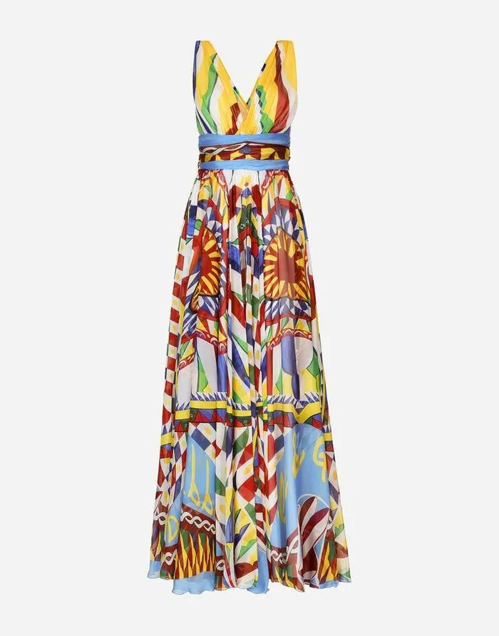 Dolce and Gabbana Dresses Women Long Carrettoprint Chiffon Dress Multicolor