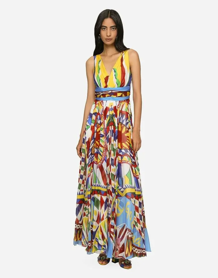 Dolce and Gabbana Dresses Women Long Carrettoprint Chiffon Dress Multicolor Dolce and Gabbana Dresses Women Long Carrettoprint Chiffon Dress Multicolor