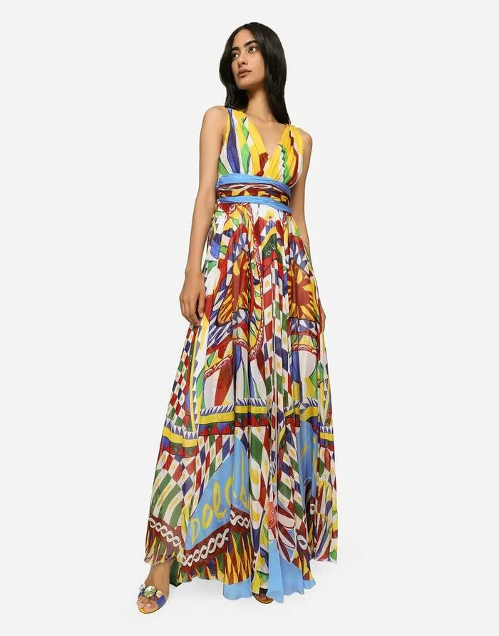 Dolce and Gabbana Dresses Women Long Carrettoprint Chiffon Dress Multicolor Dolce and Gabbana Dresses Women Long Carrettoprint Chiffon Dress Multicolor