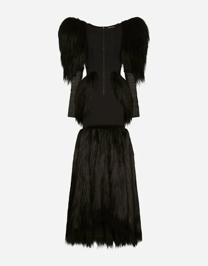 Dolce and Gabbana Dresses Women Long Tulle And Faux Fur Dress Black