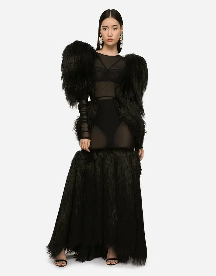 Dolce and Gabbana Dresses Women Long Tulle And Faux Fur Dress Black Dolce and Gabbana Dresses Women Long Tulle And Faux Fur Dress Black