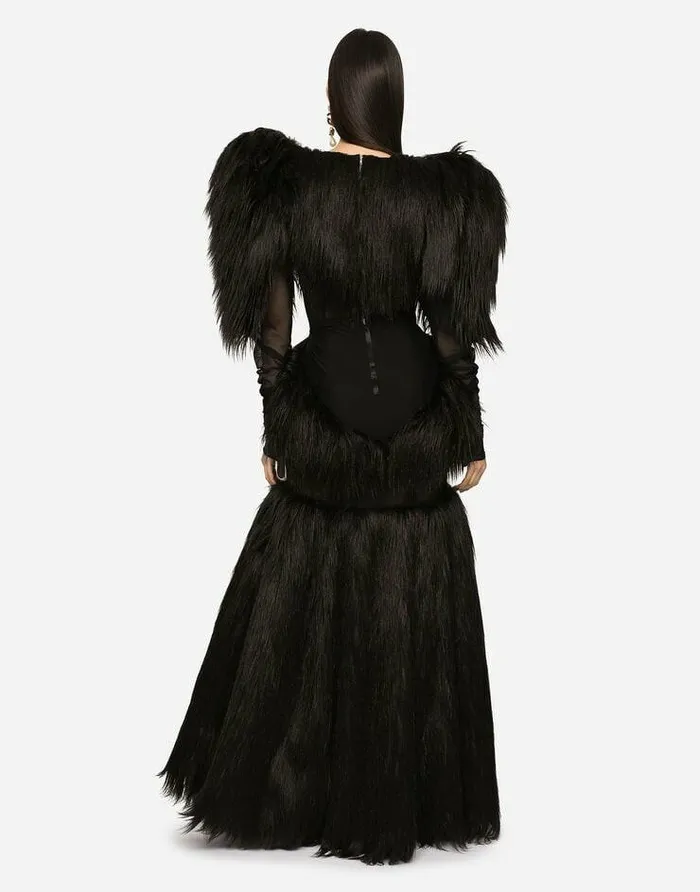 Dolce and Gabbana Dresses Women Long Tulle And Faux Fur Dress Black Dolce and Gabbana Dresses Women Long Tulle And Faux Fur Dress Black