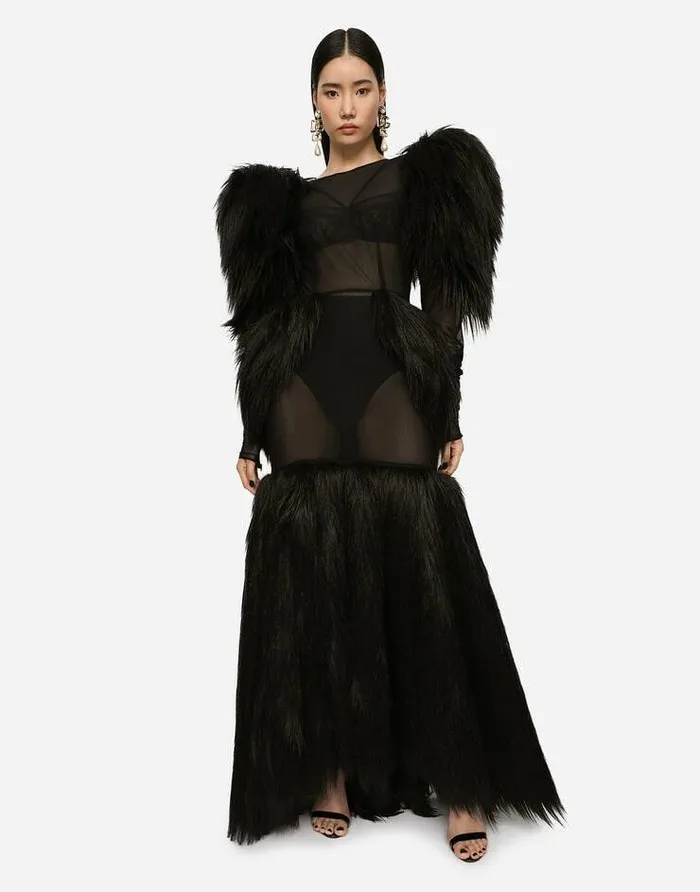 Dolce and Gabbana Dresses Women Long Tulle And Faux Fur Dress Black Dolce and Gabbana Dresses Women Long Tulle And Faux Fur Dress Black